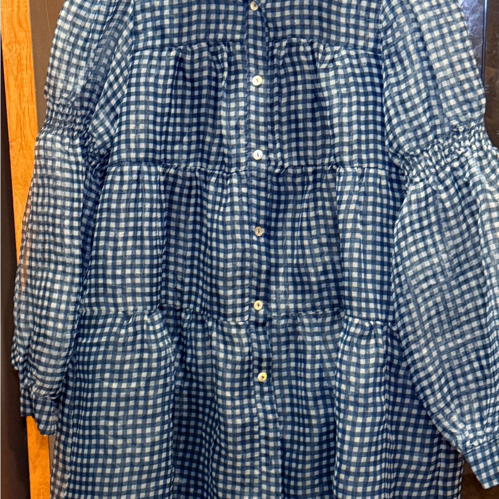 Listicle navy plaid button-down sheer tiered mini dress with puff sleeves.  Sz M - Picture 6 of 15